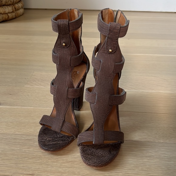 Chloe Gladiator Suede Leather Heeled Sandals Mauve IT 37.5 / US 7.5 - Picture 5 of 10